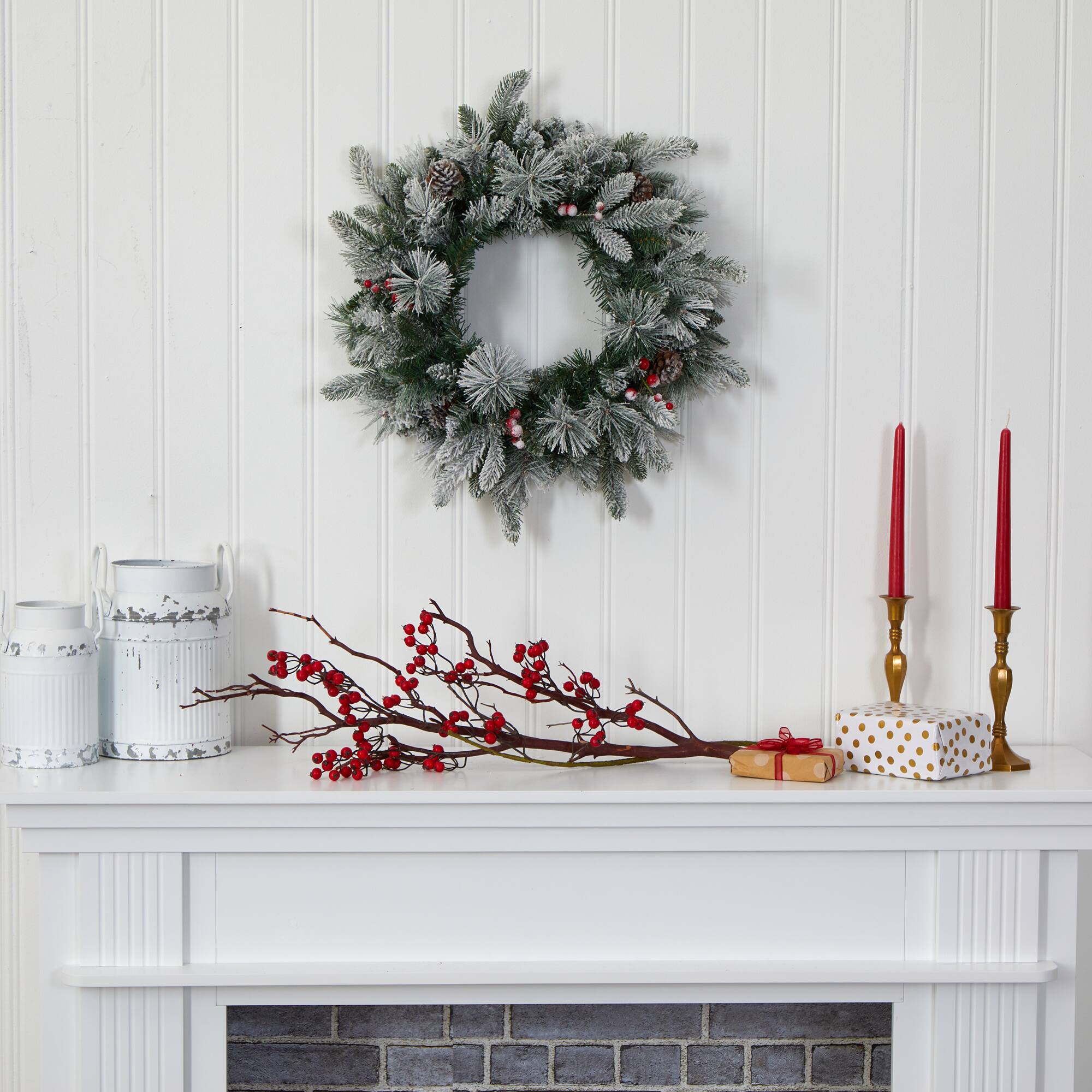 20" LED Flocked Mixed Pine & Berry Artificial Christmas Wreath